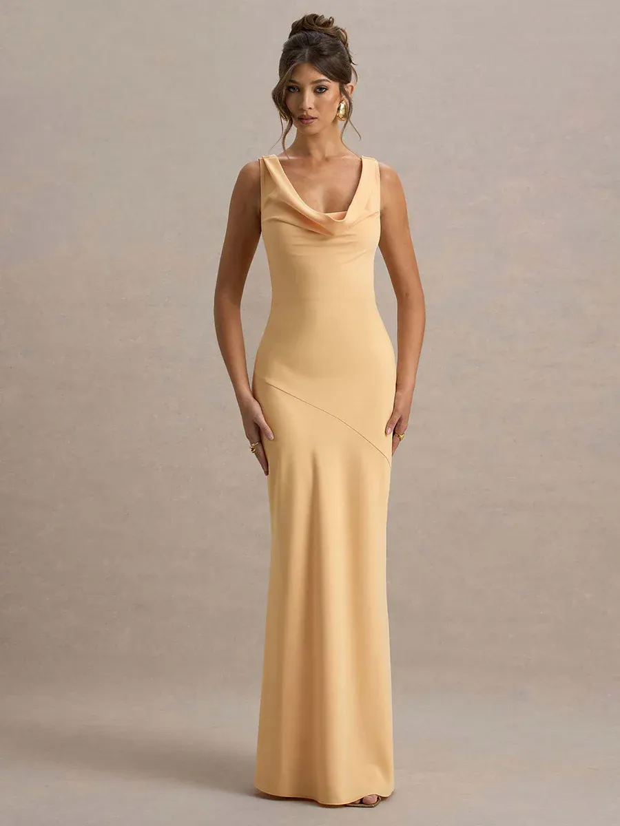 Satin Swing Collar Lace-Up Maxi Dress