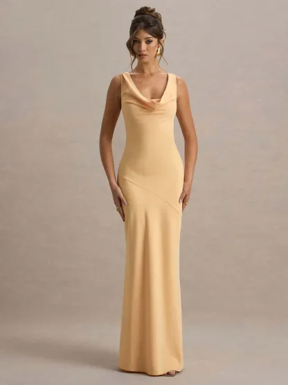 Satin Swing Collar Lace-Up Maxi Dress