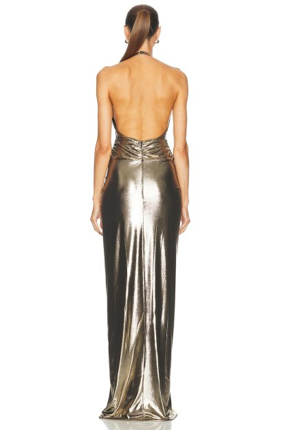 Metallic Fabric Halter Neck Split Maxi Dress