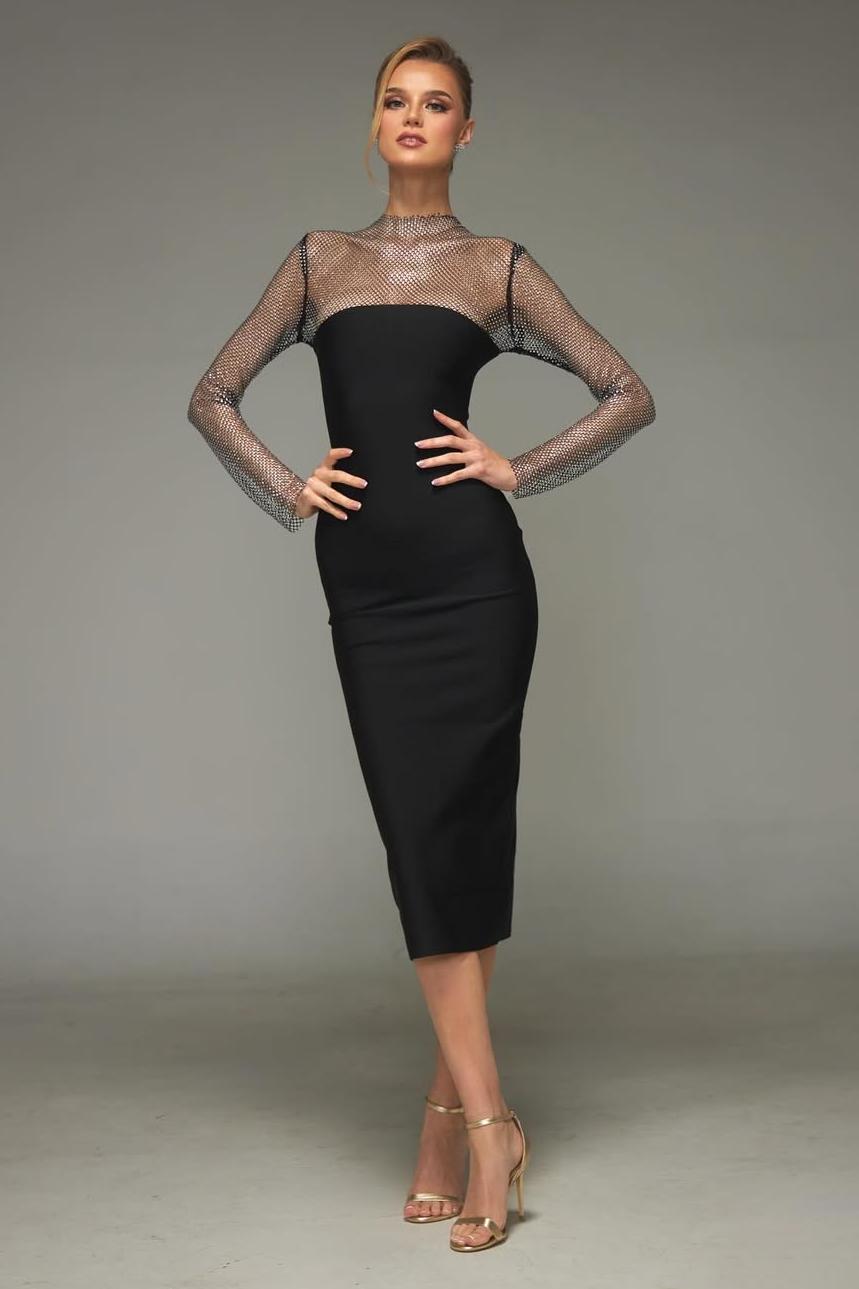 Rhineston Splicing Bandage Long Sleeve Split Midi Dress