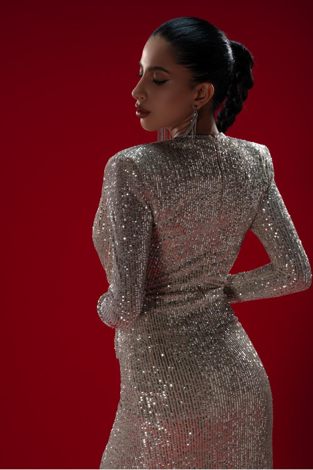 Sequin V-Neck Long Sleeve Split Maxi Dress