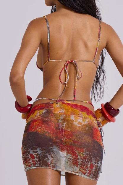 Abstract Print Beaded Cut-Out Bikini Three Piece Set