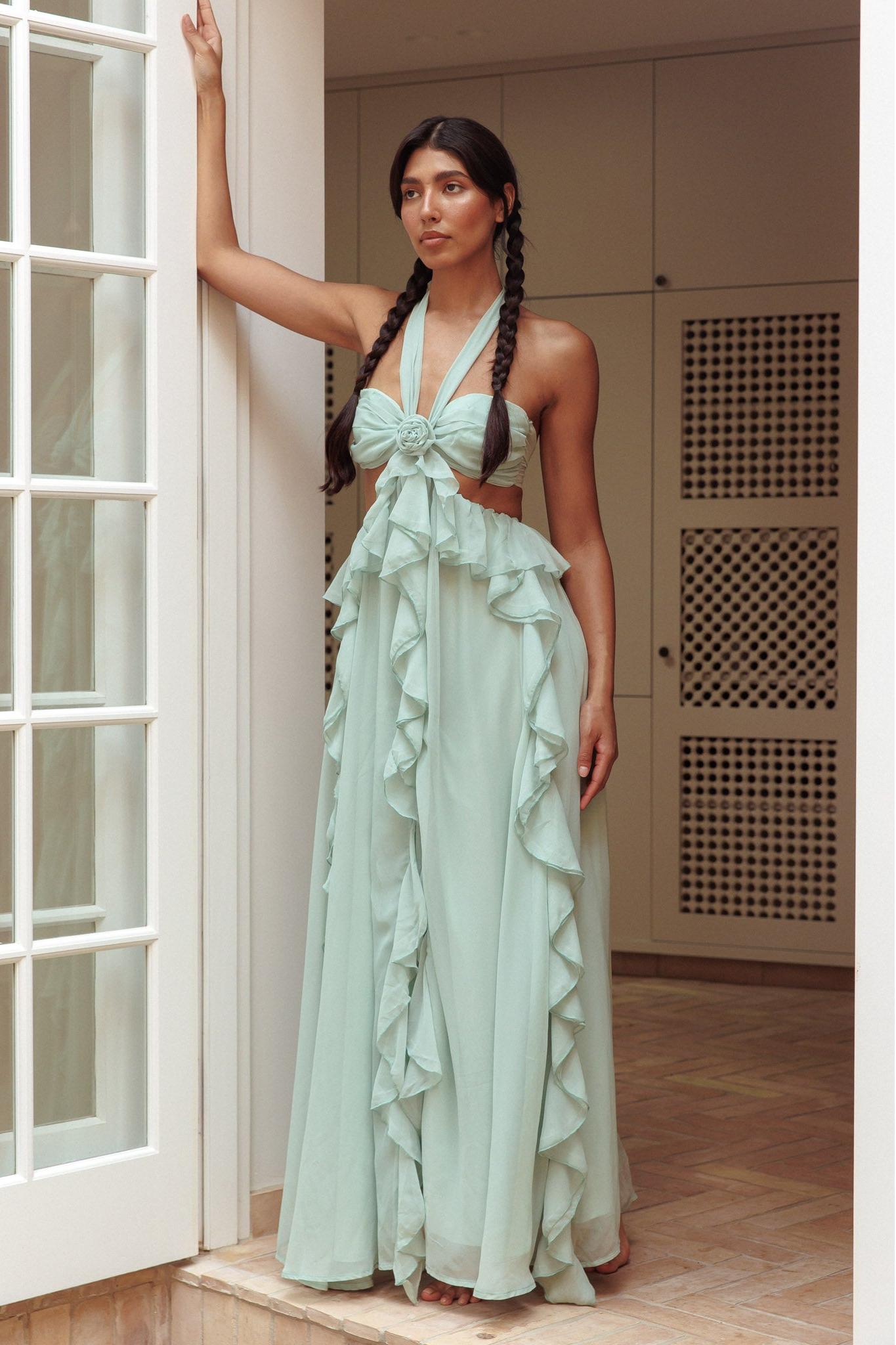 3D Flower Frill Halter Neck Maxi Dress