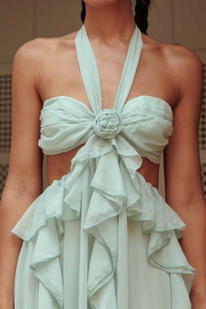 3D Flower Frill Halter Neck Maxi Dress