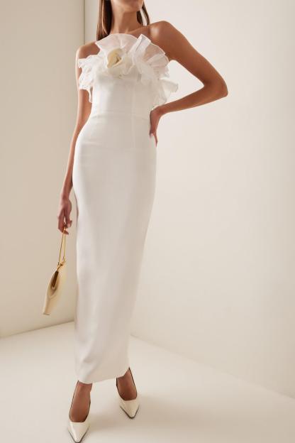 Off-Shoulder Frill 3D Flower Midi Dress