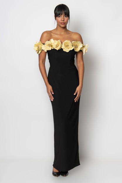 3D Flower Bandage Off-Shoulder Slit Midi Dress