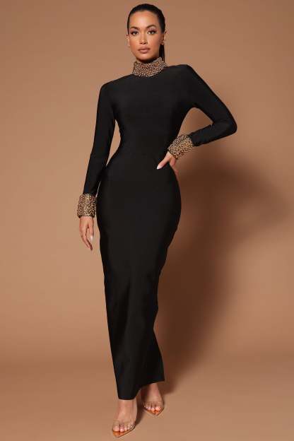 Stand Collar Long Sleeve Maxi Dress