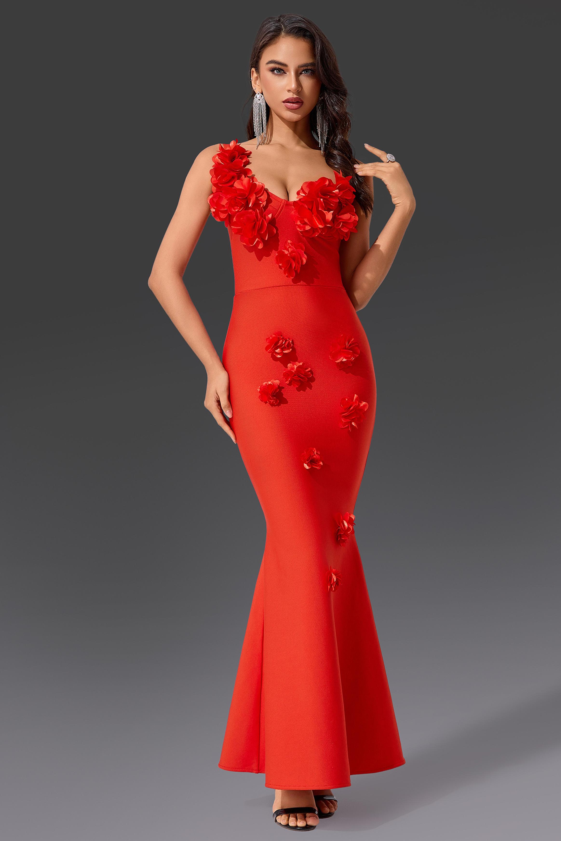 Bandage 3D Flower Solid Midi Dress