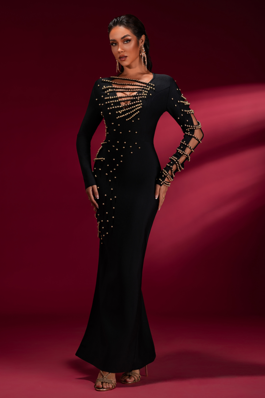 Gold Beadwork Bandage Maxi Dress