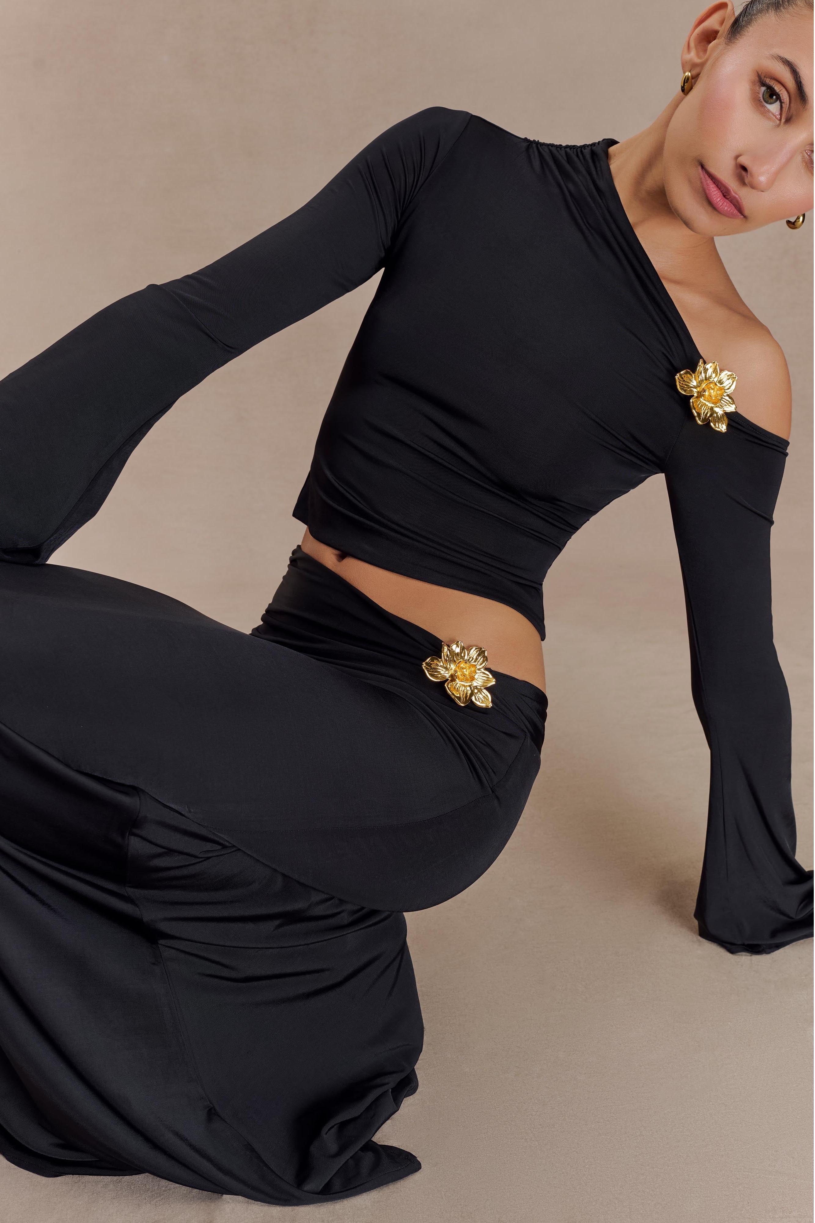 Metal Flower Asymmetrical Neck Top & Mid Waist Maxi Skirt Set
