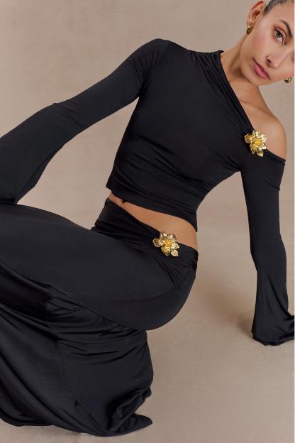 Metal Flower Asymmetrical Neck Top & Mid Waist Maxi Skirt Set