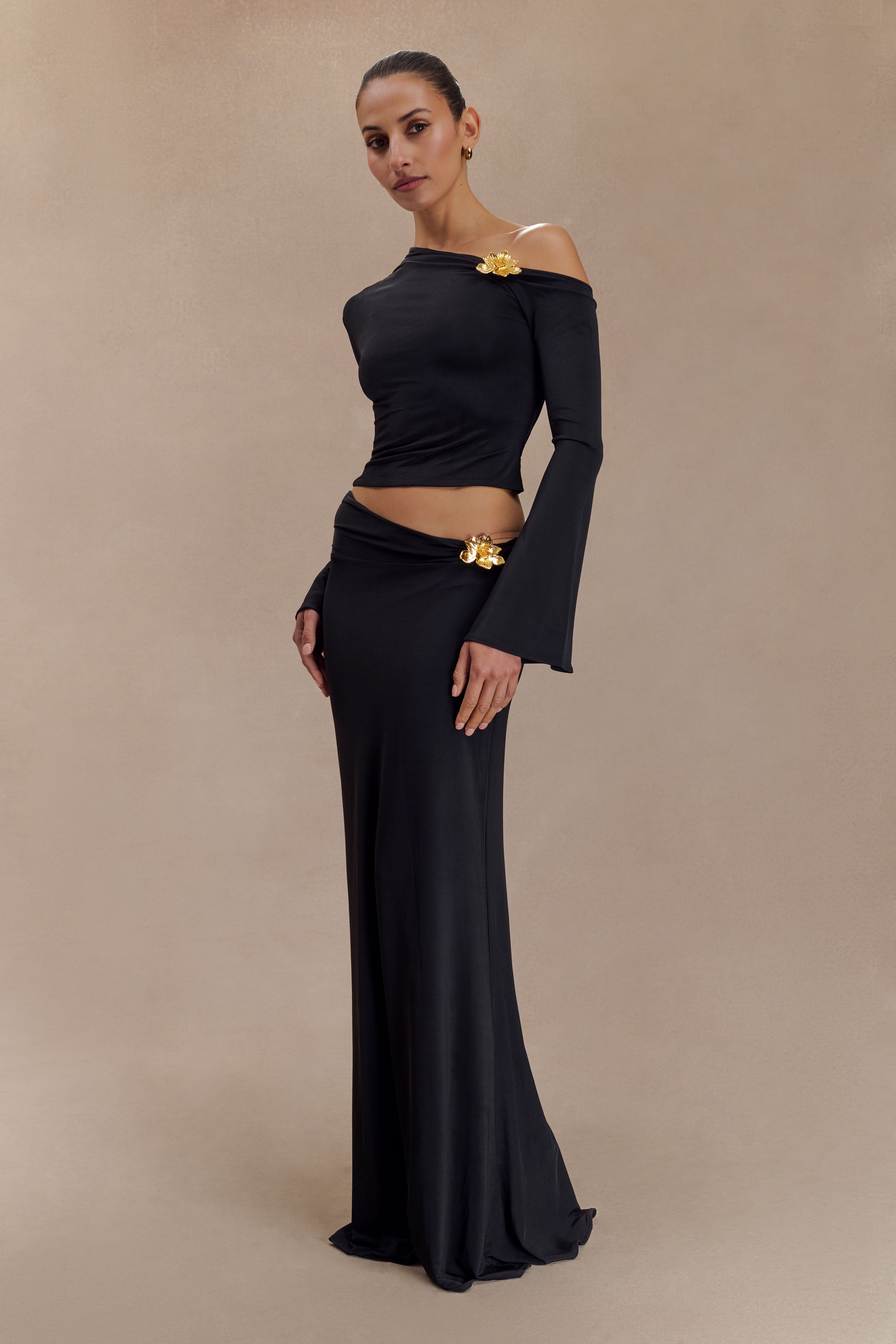 Metal Flower Asymmetrical Neck Top & Mid Waist Maxi Skirt Set