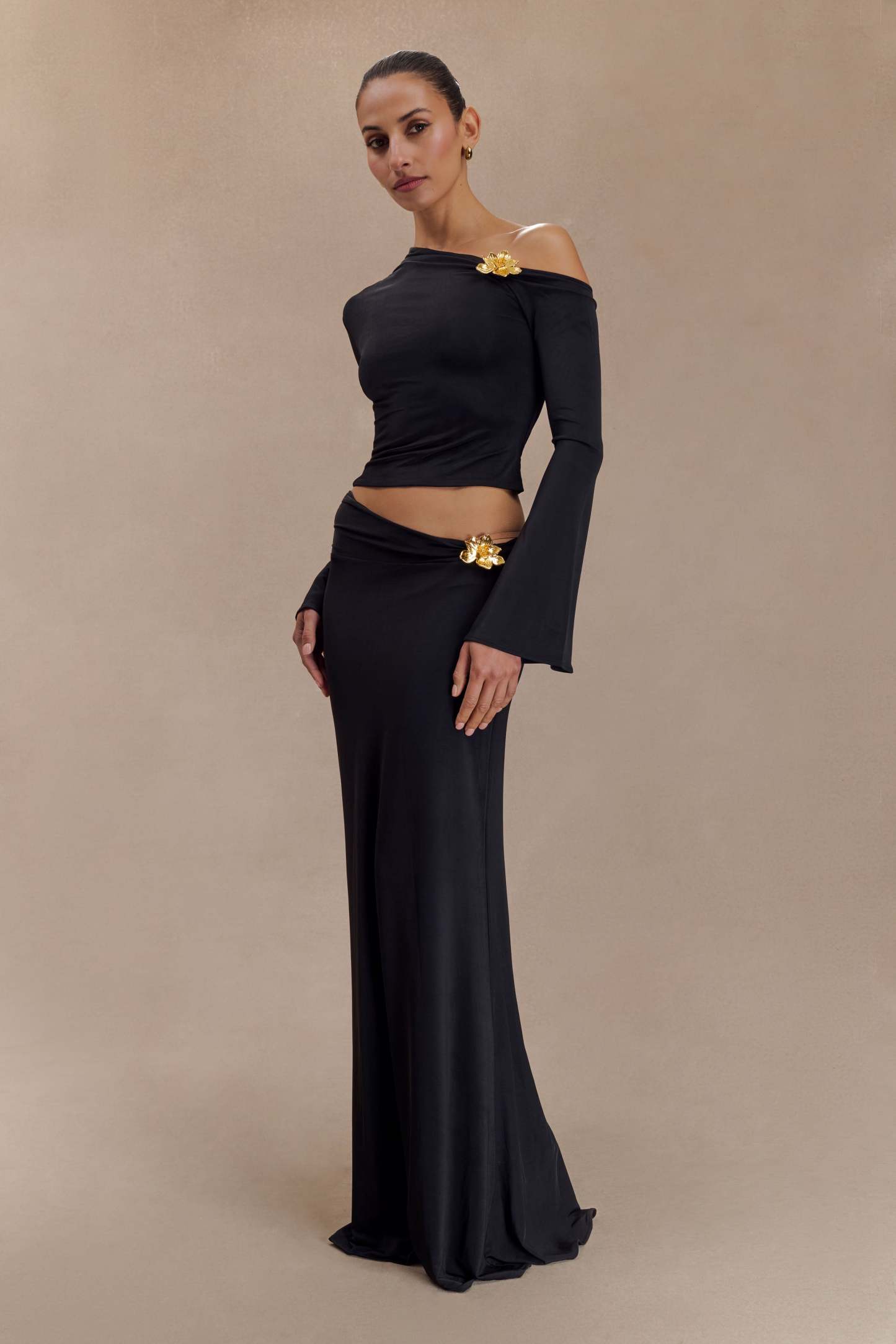 Metal Flower Asymmetrical Neck Top & Mid Waist Maxi Skirt Set