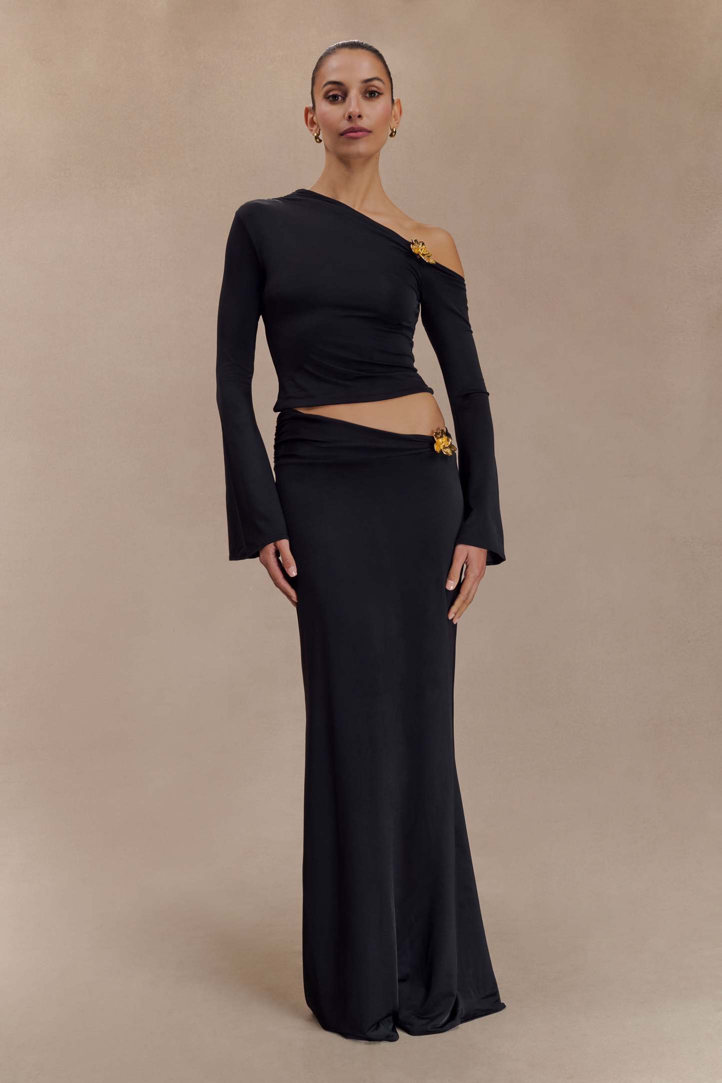 Metal Flower Asymmetrical Neck Top & Mid Waist Maxi Skirt Set