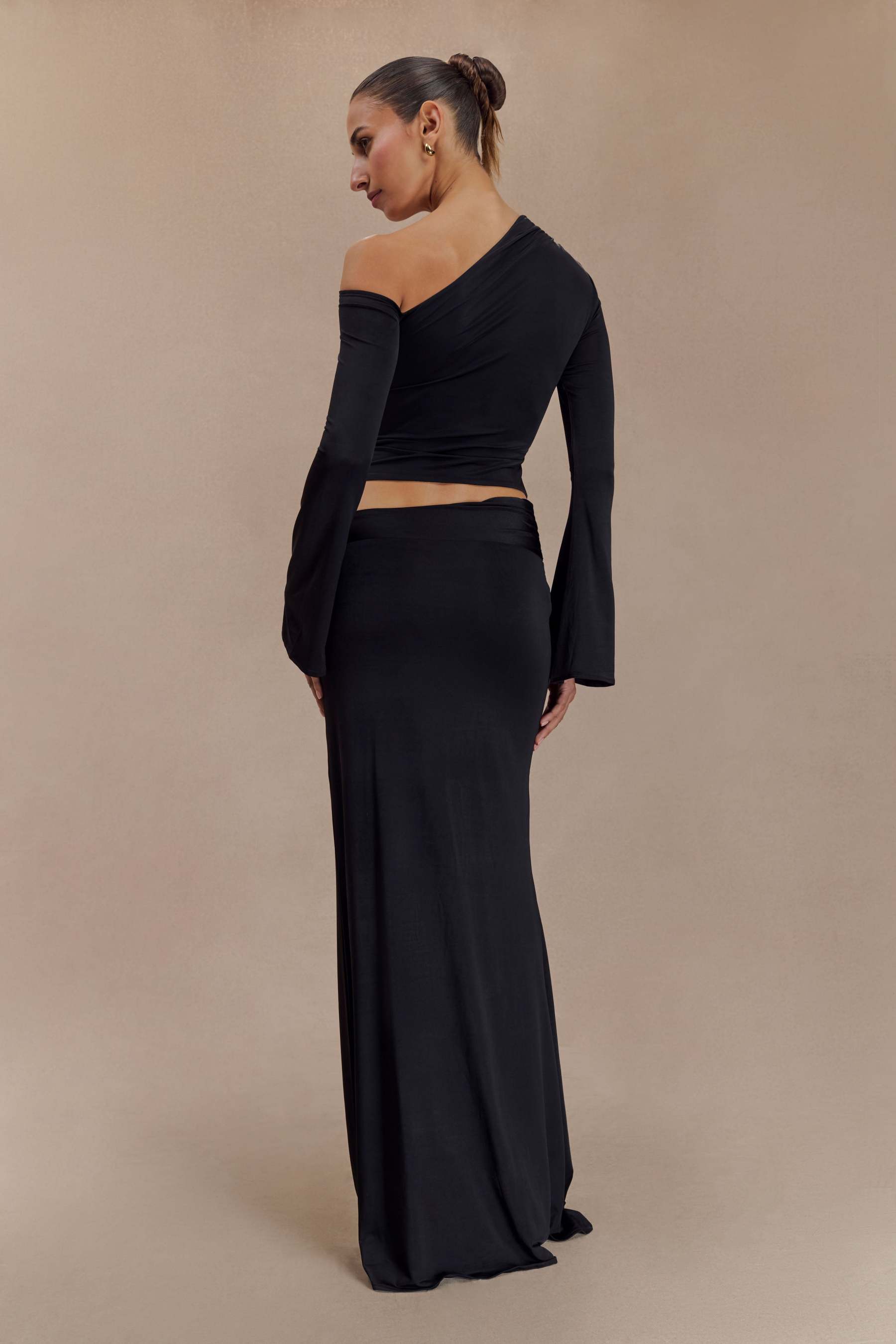 Metal Flower Asymmetrical Neck Top & Mid Waist Maxi Skirt Set