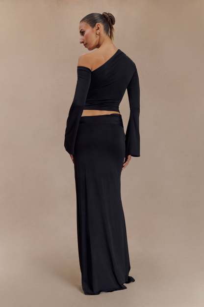 Metal Flower Asymmetrical Neck Top & Mid Waist Maxi Skirt Set