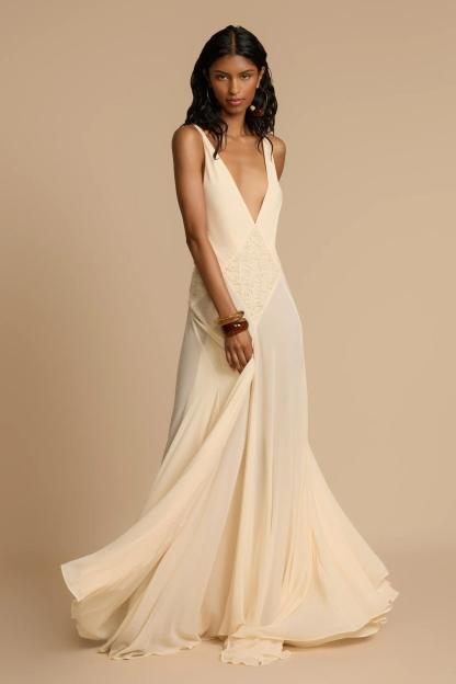 Deep V-Neck Chiffon Lace Midi Dress