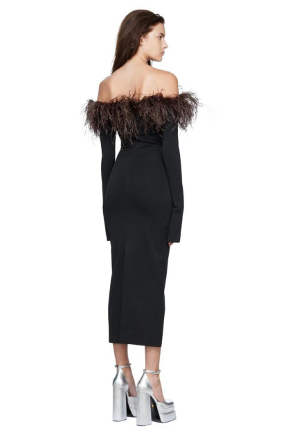 Feather Long Sleeve Off-Shoulder Midi Dress