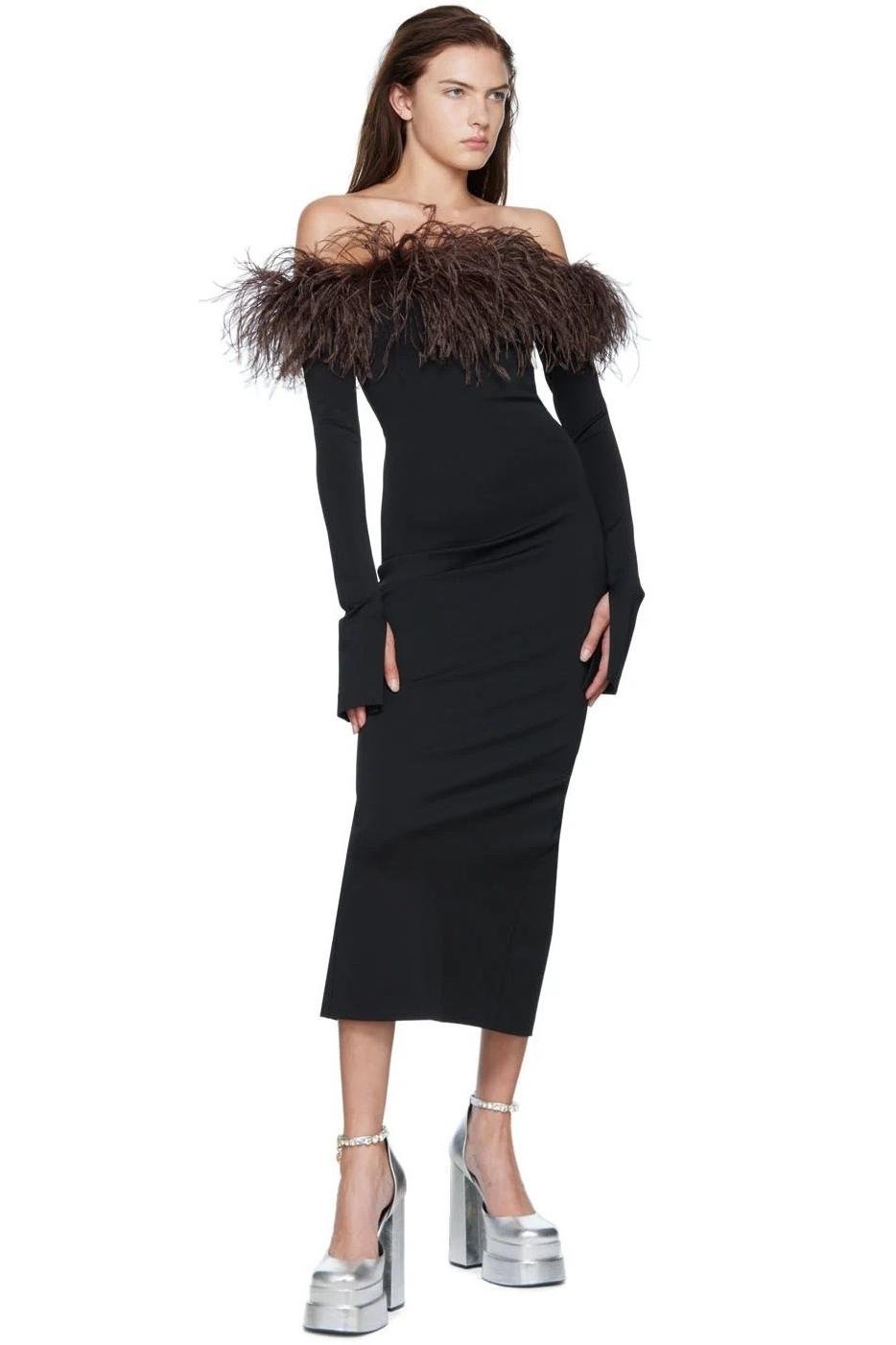 Feather Long Sleeve Off-Shoulder Midi Dress