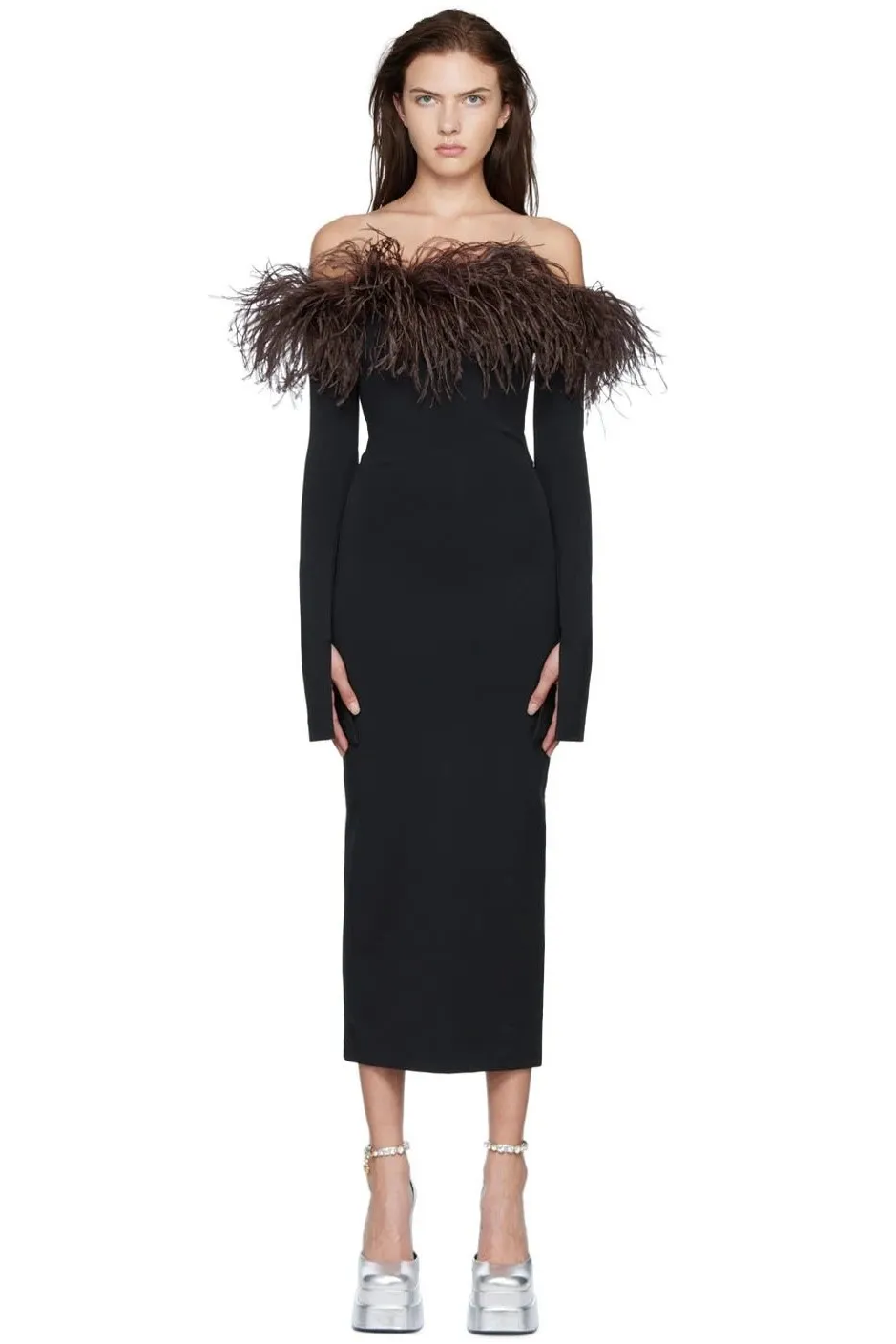 Feather Long Sleeve Off-Shoulder Midi Dress
