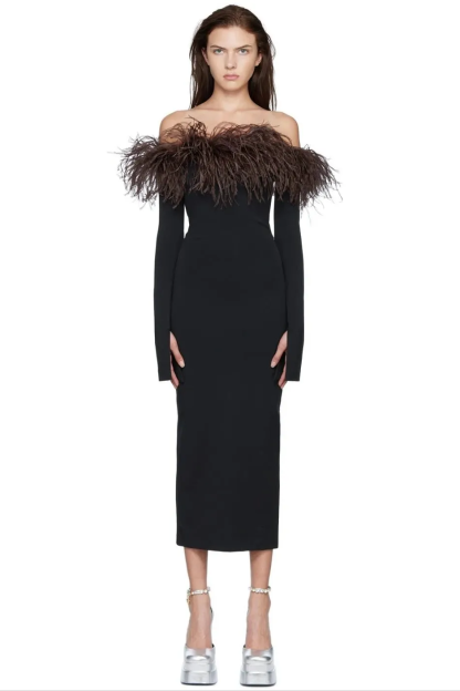 Feather Long Sleeve Off-Shoulder Midi Dress