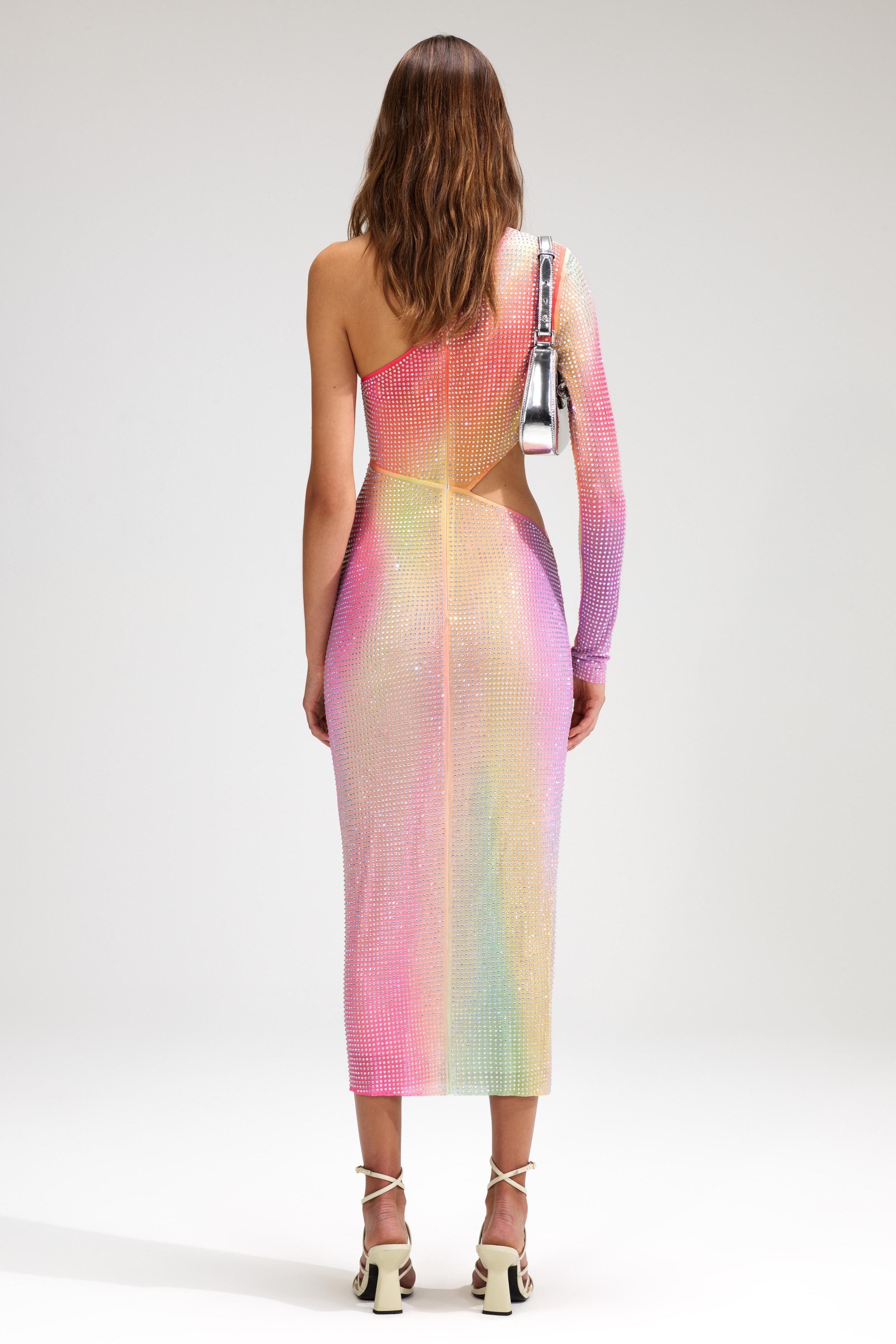 Tie-Dye Rhinestone Cut-Out Slit Midi Dress