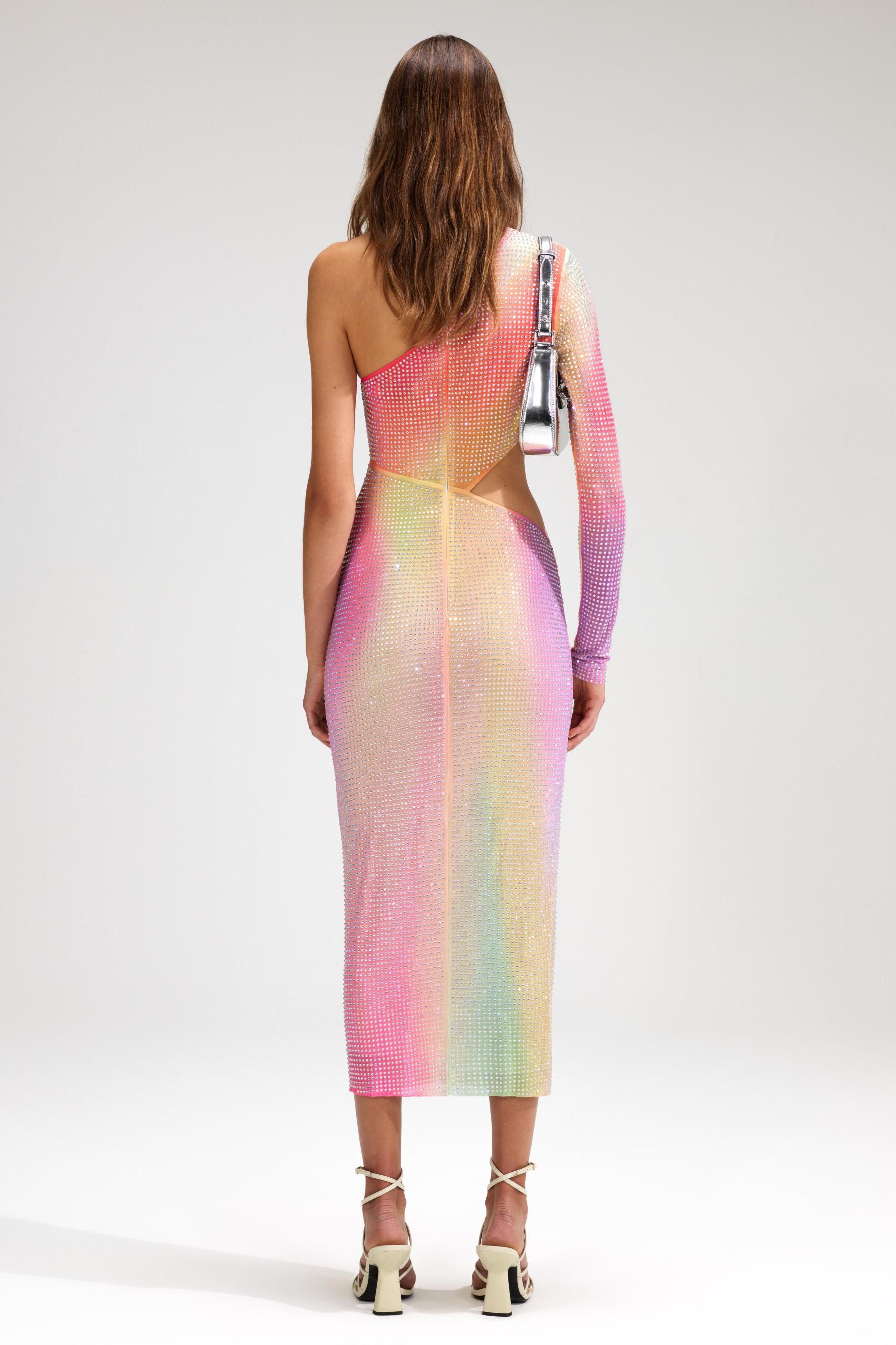 Tie-Dye Rhinestone Cut-Out Slit Midi Dress