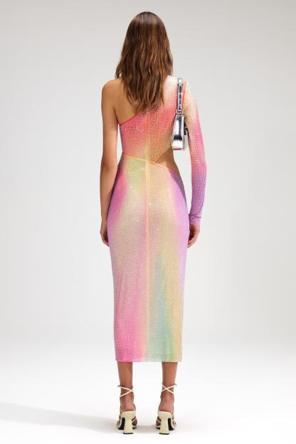 Tie-Dye Rhinestone Cut-Out Slit Midi Dress
