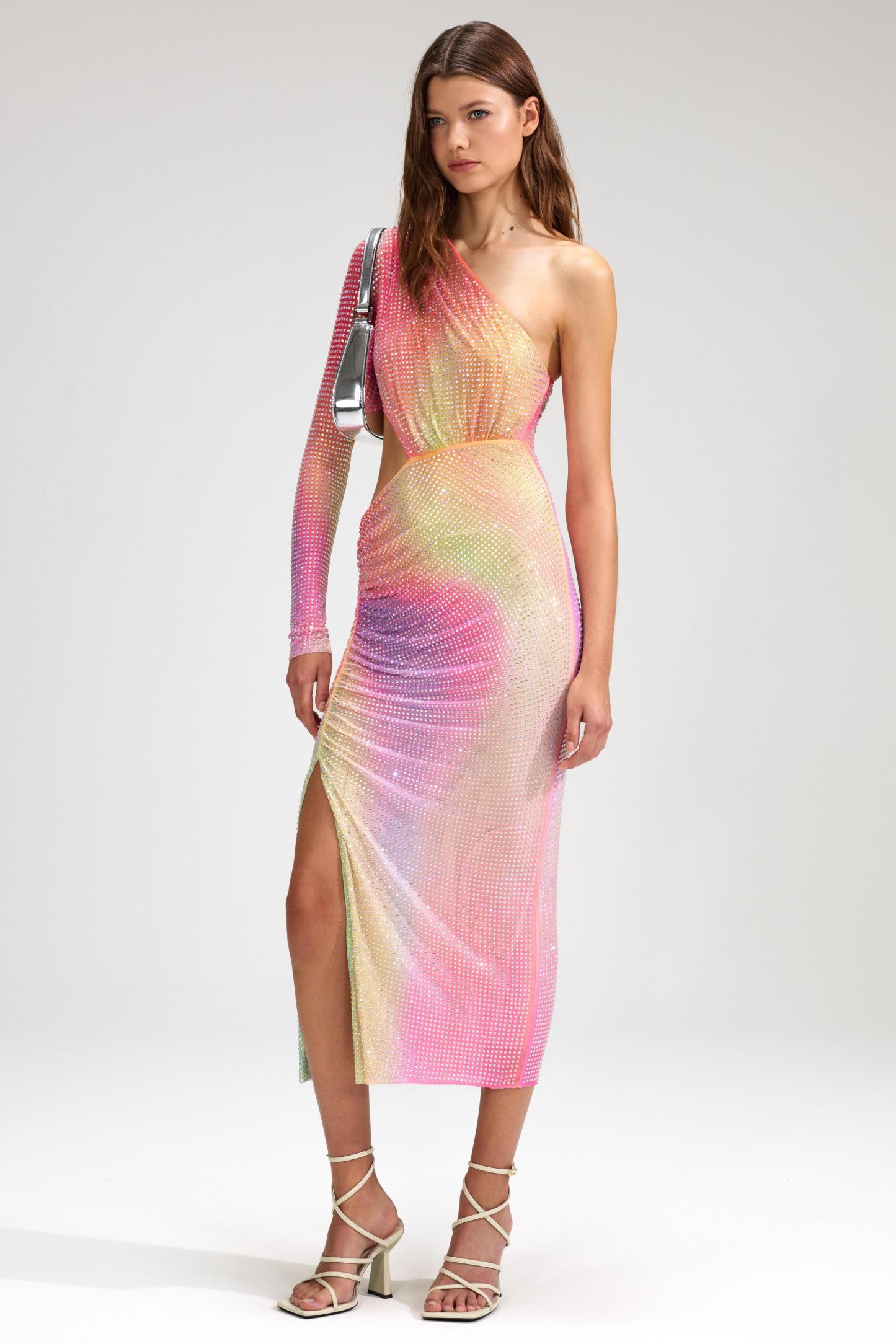 Tie-Dye Rhinestone Cut-Out Slit Midi Dress