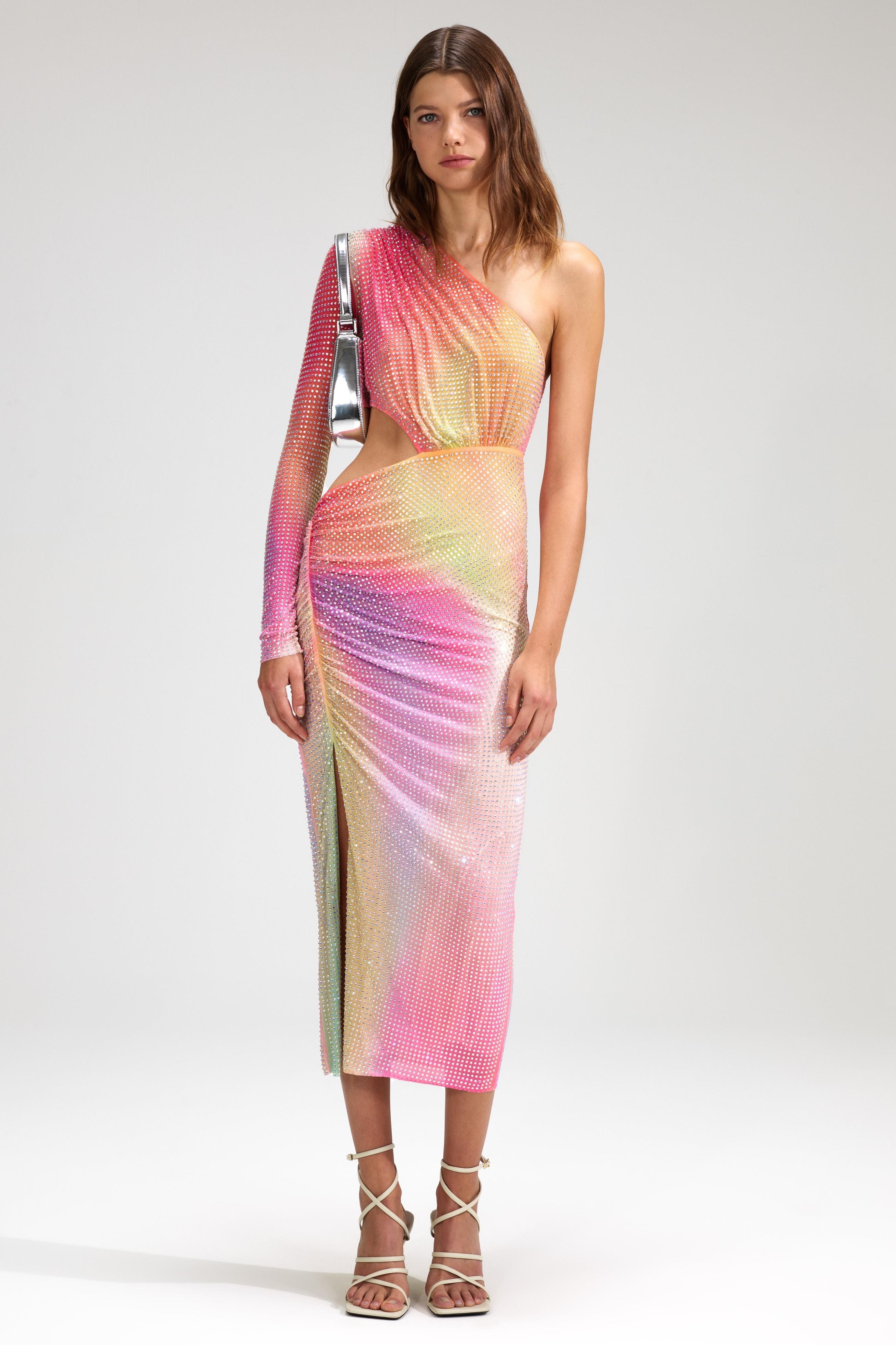 Tie-Dye Rhinestone Cut-Out Slit Midi Dress