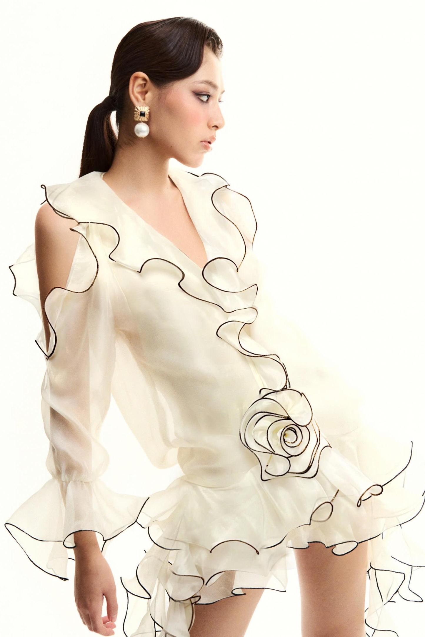 3D Flower Frill V-Neck Chiffon Mini Dress