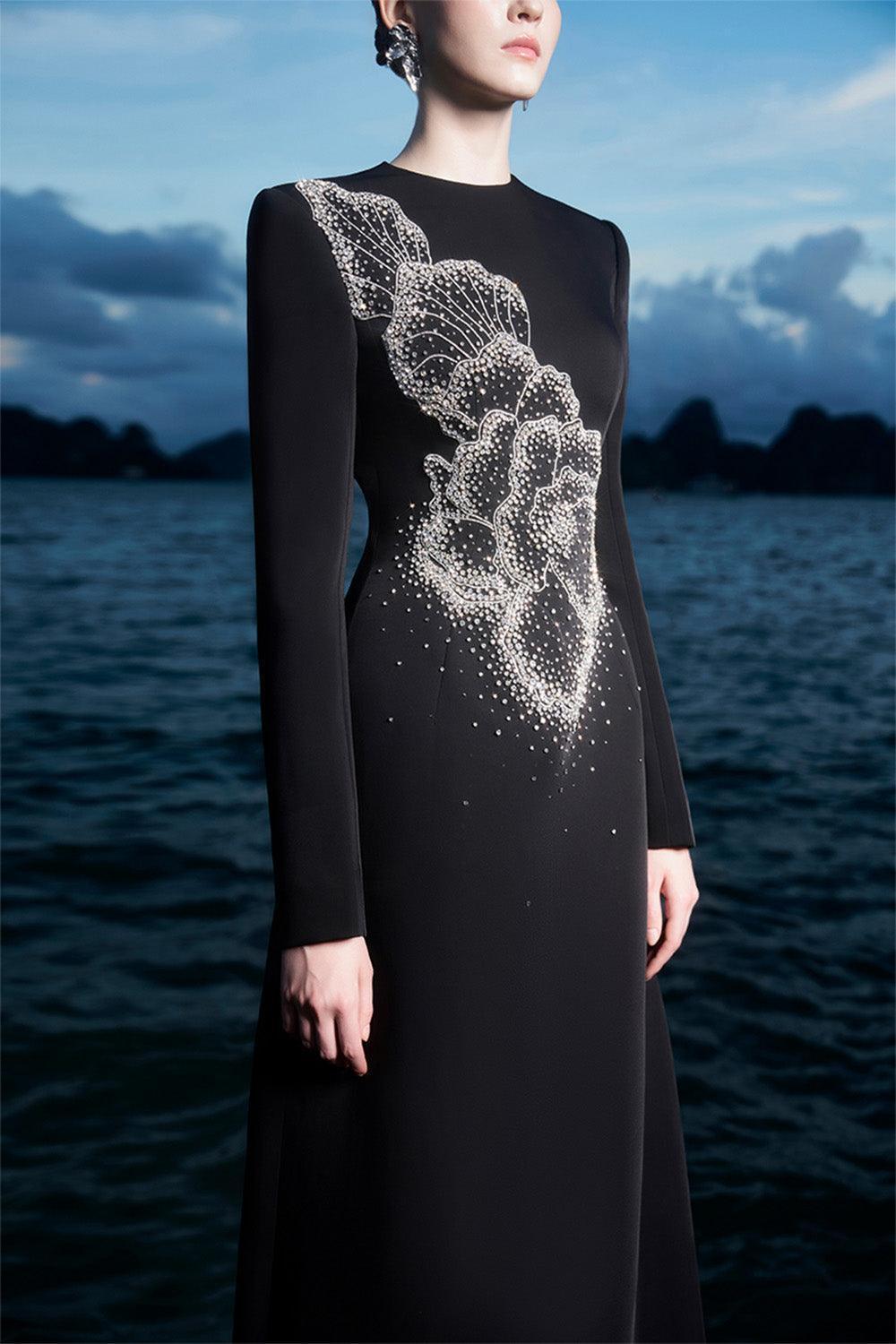 Rhinestone Round Neck Long Sleeve Midi Dress