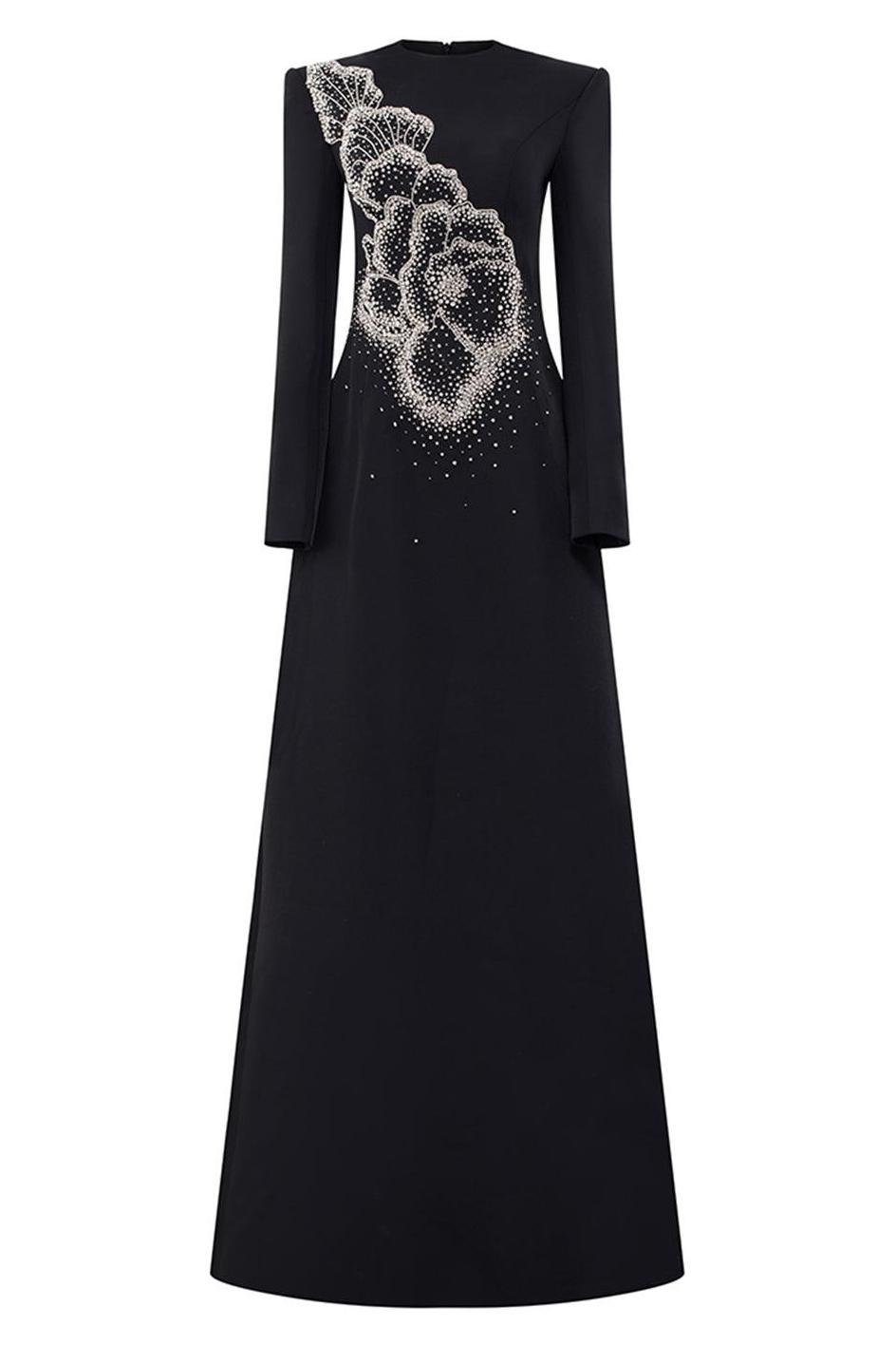 Rhinestone Round Neck Long Sleeve Midi Dress