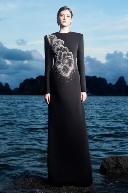 Rhinestone Round Neck Long Sleeve Midi Dress