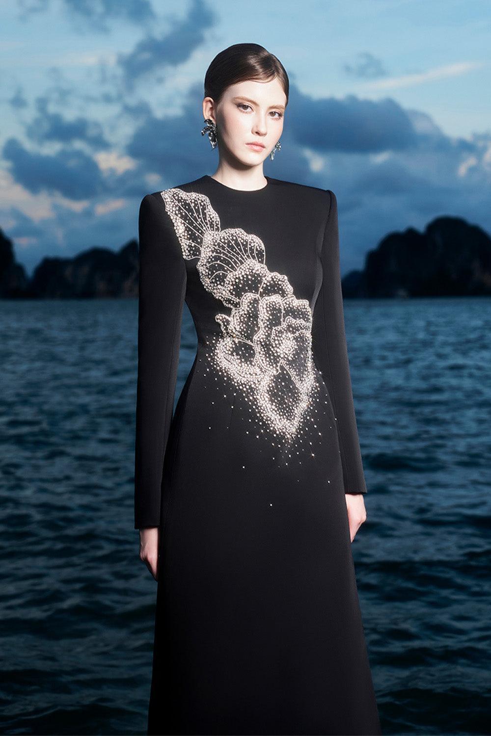 Rhinestone Round Neck Long Sleeve Midi Dress