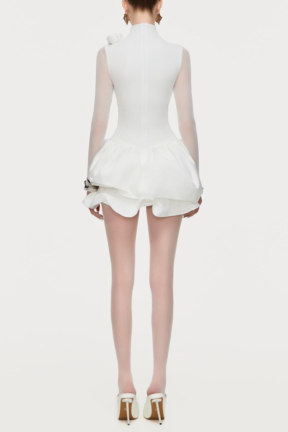 3D flower Ruffle Stand Collar Mini Dress