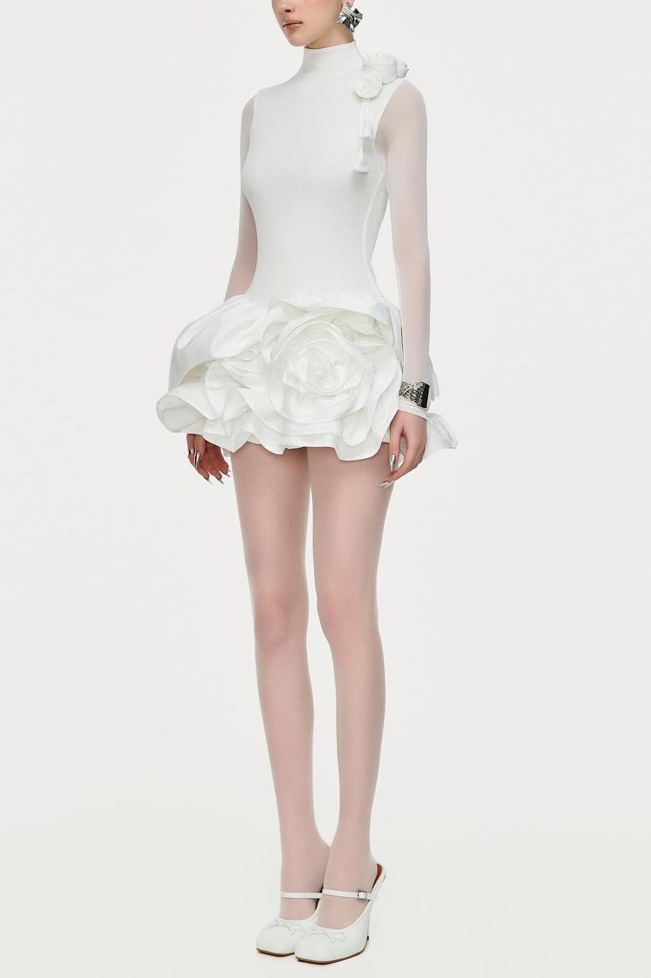 3D flower Ruffle Stand Collar Mini Dress