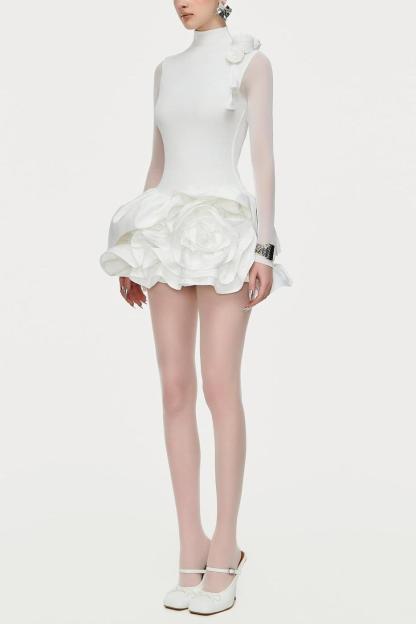 3D flower Ruffle Stand Collar Mini Dress