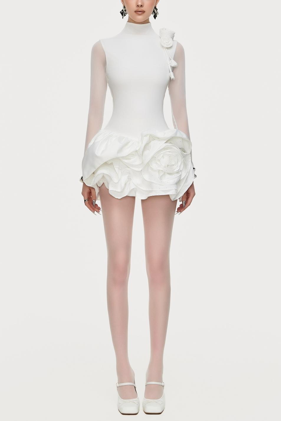 3D flower Ruffle Stand Collar Mini Dress