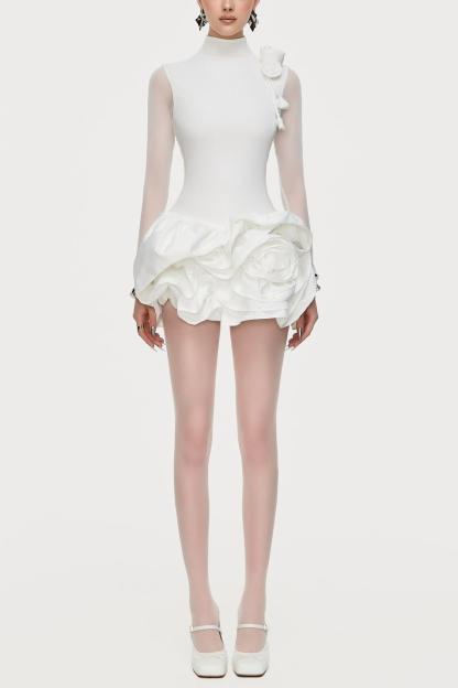 3D flower Ruffle Stand Collar Mini Dress