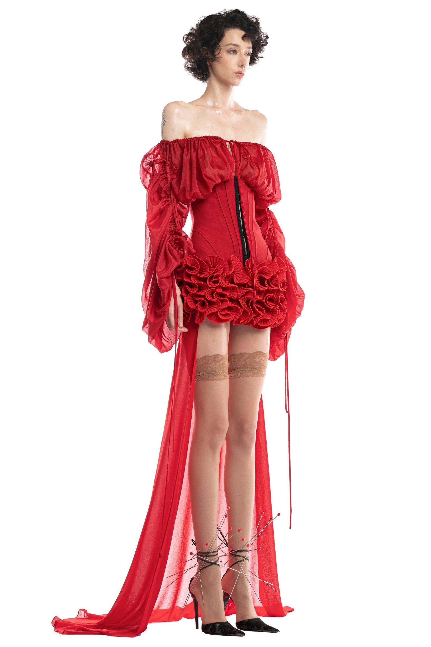 3D flower Off-Shoulder Shirring Mini Dress