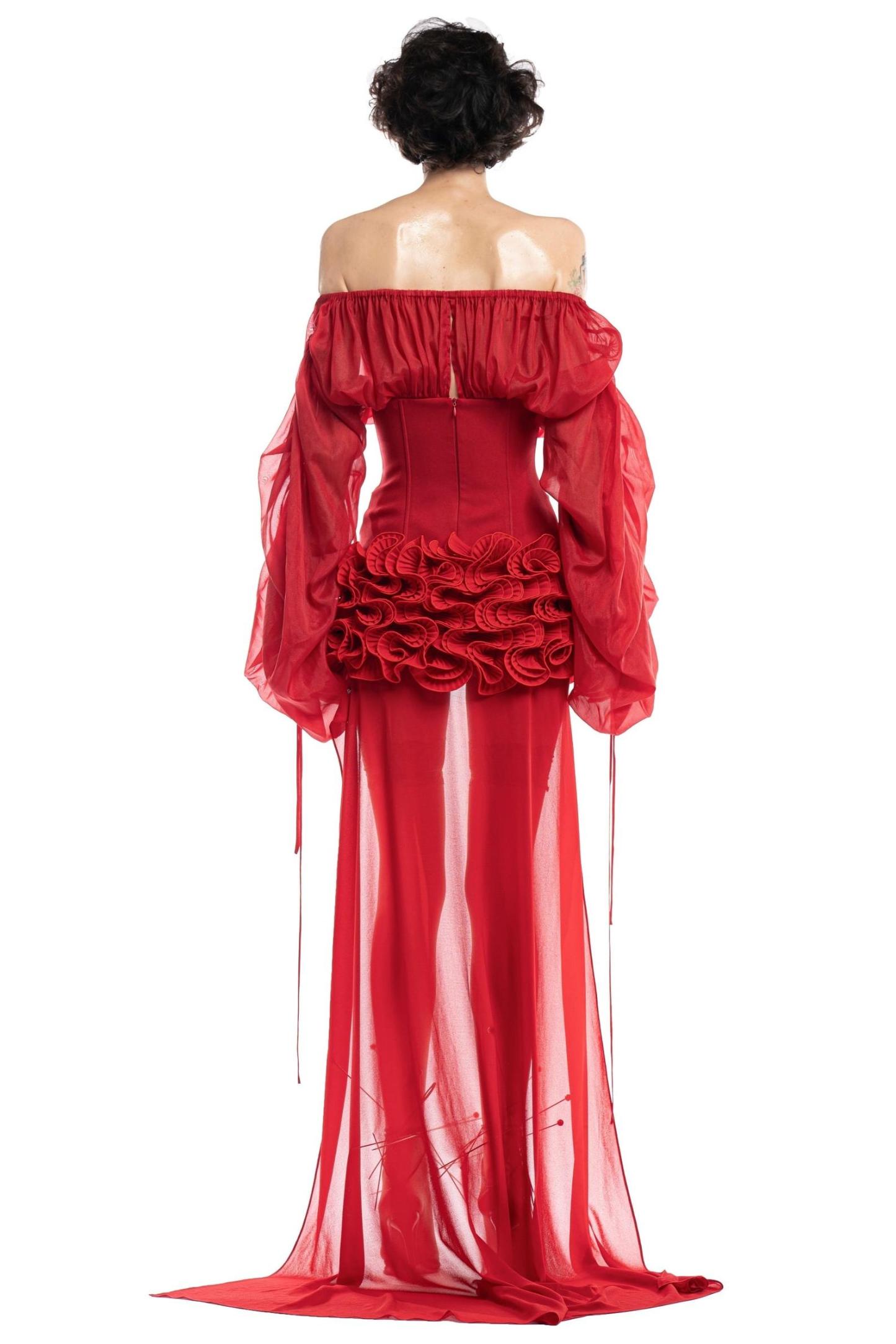 3D flower Off-Shoulder Shirring Mini Dress