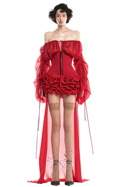 3D flower Off-Shoulder Shirring Mini Dress