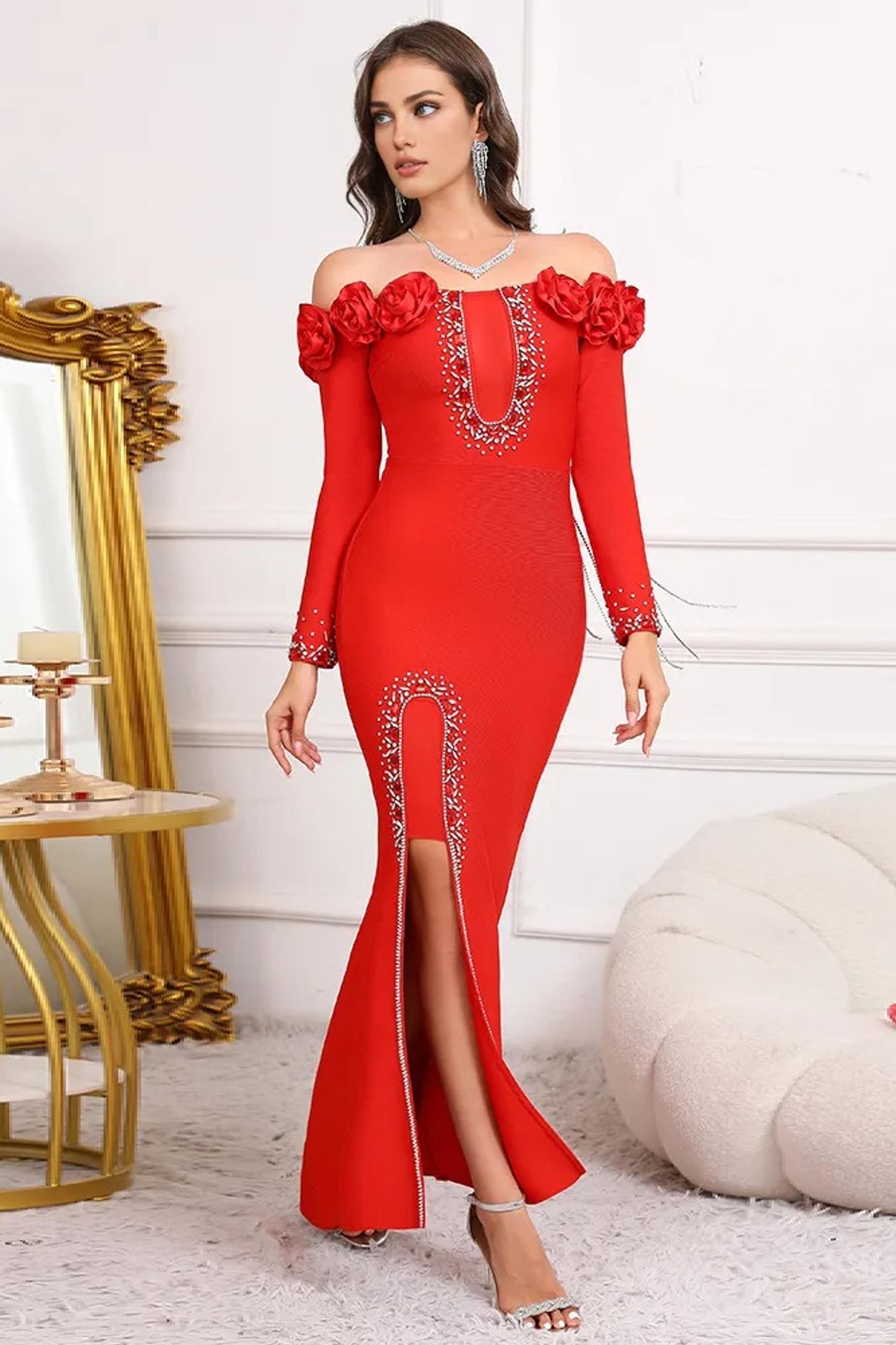 3D Flower Bandage Off-Shoulder Diamond Tassels Maxi Dress