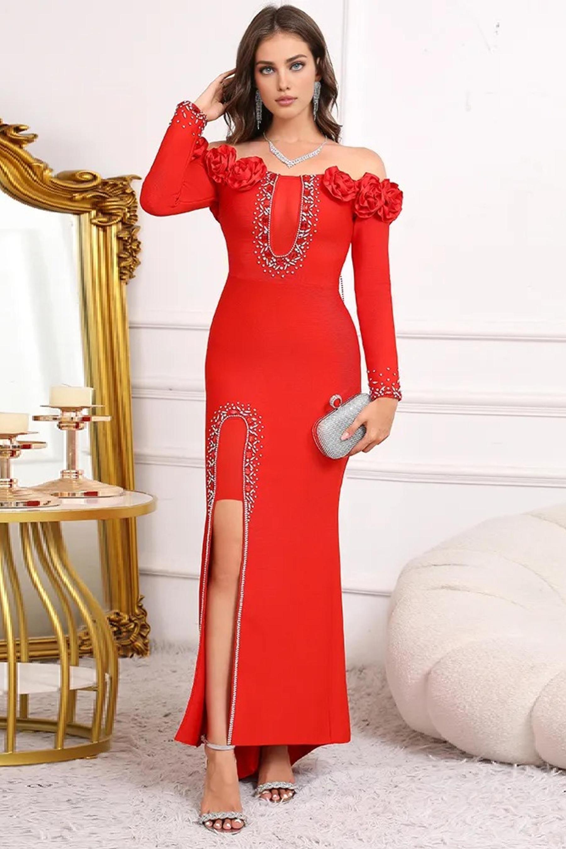 3D Flower Bandage Off-Shoulder Diamond Tassels Maxi Dress