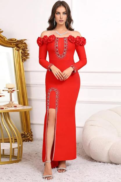 3D Flower Bandage Off-Shoulder Diamond Tassels Maxi Dress