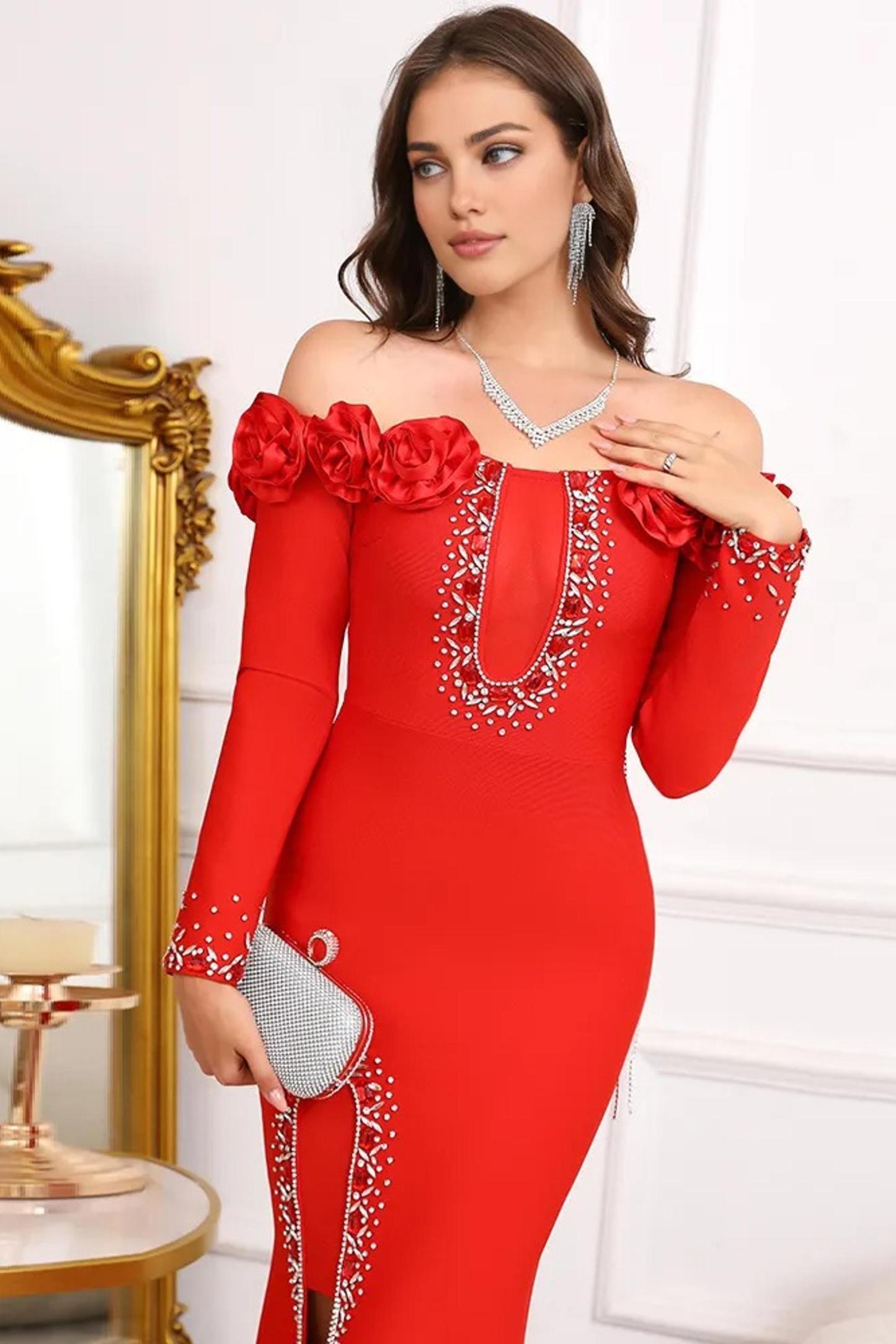 3D Flower Bandage Off-Shoulder Diamond Tassels Maxi Dress