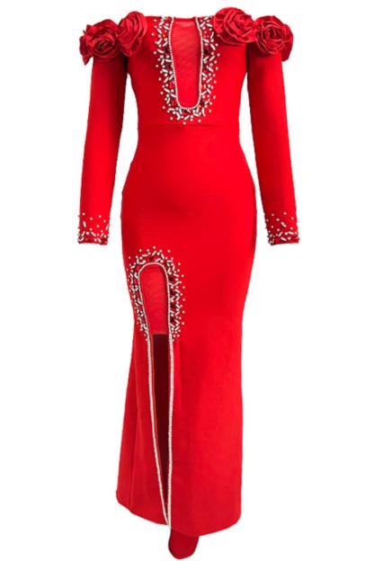 3D Flower Bandage Off-Shoulder Diamond Tassels Maxi Dress