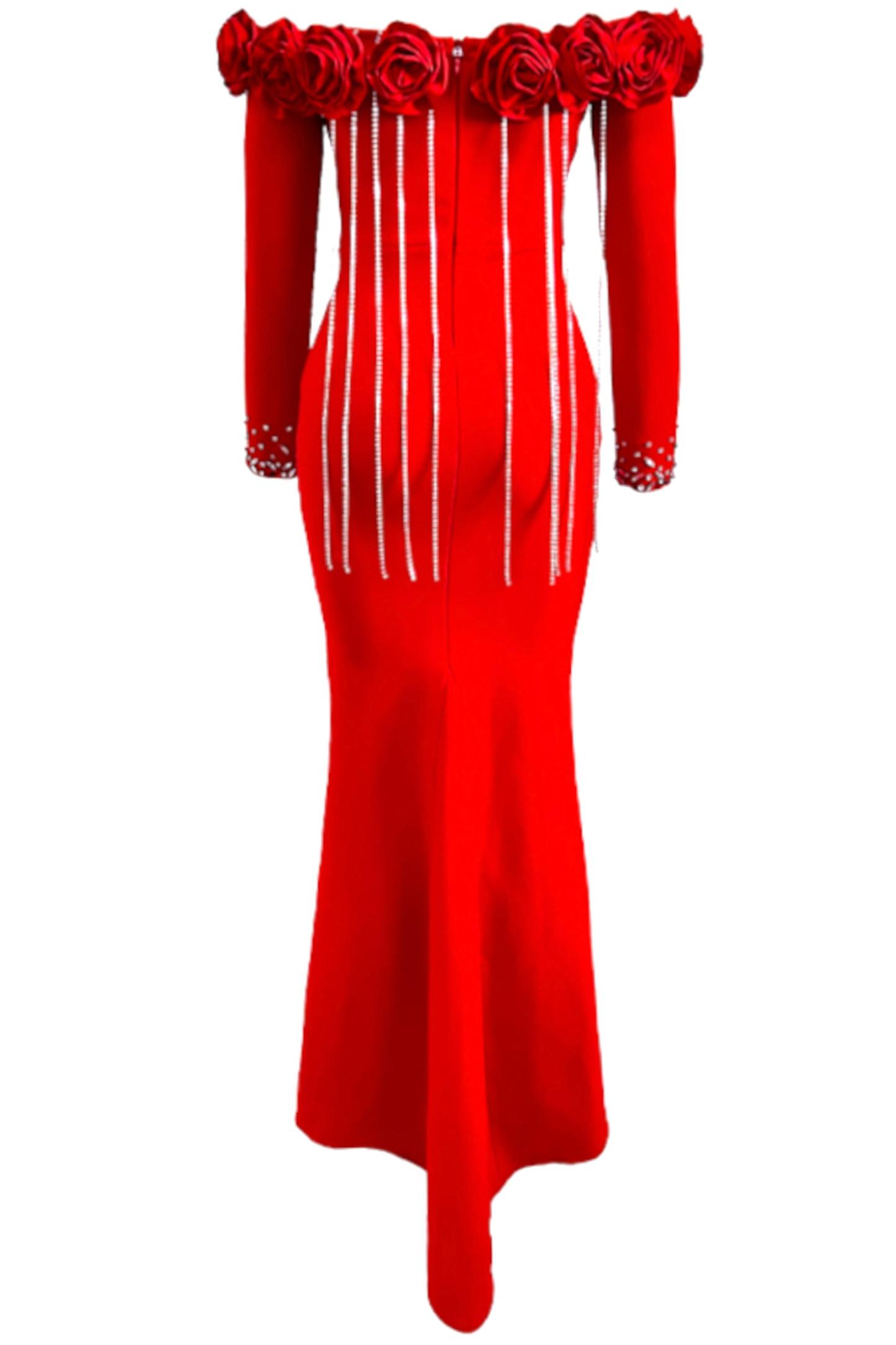 3D Flower Bandage Off-Shoulder Diamond Tassels Maxi Dress