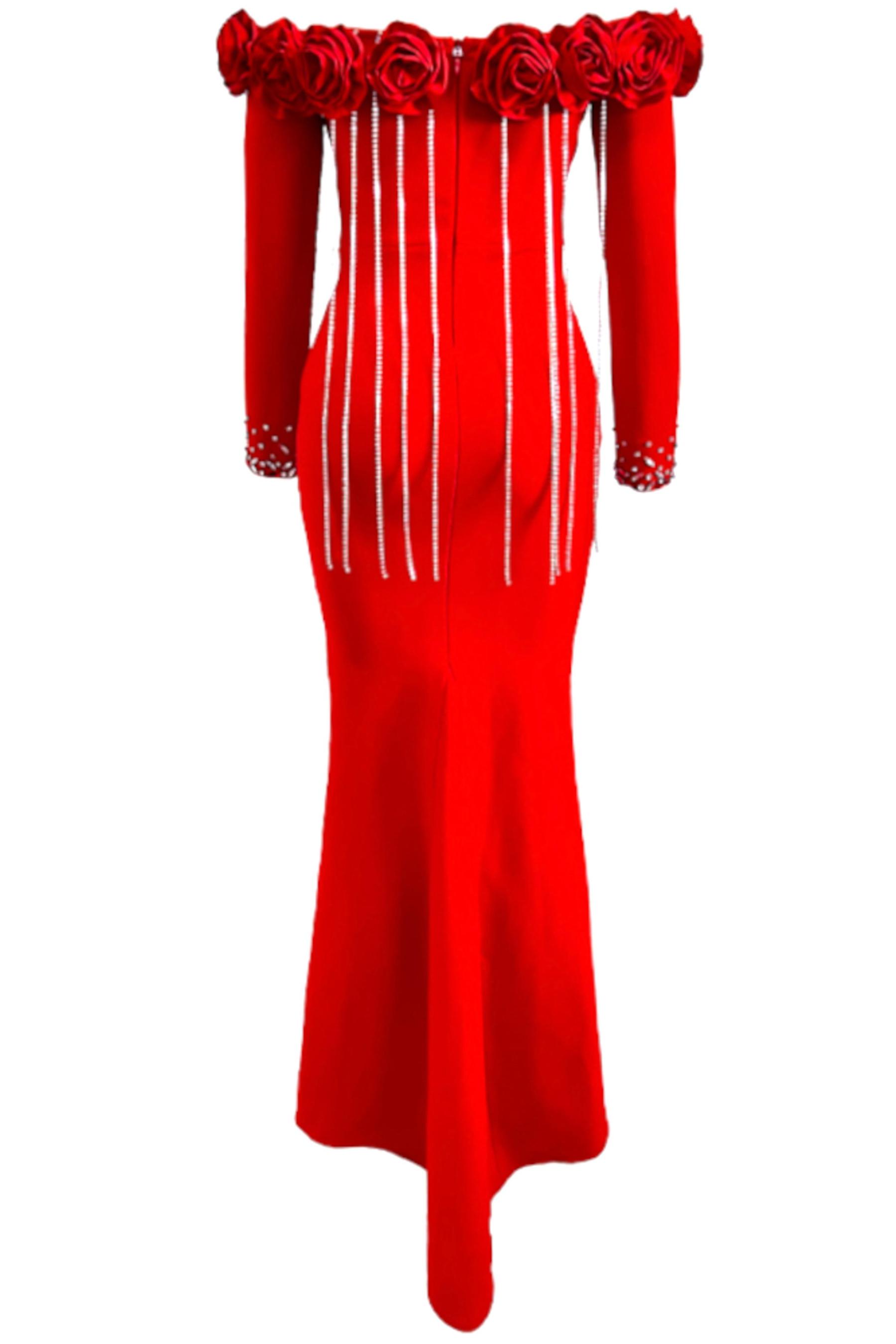 3D Flower Bandage Off-Shoulder Diamond Tassels Maxi Dress